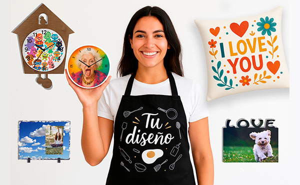 Mujer mediterránea sonriente con camiseta blanca y delantal negro con diseño de utensilios de cocina y texto “Tu diseño”, sosteniendo un reloj de cocina con la foto de una señora sacando la lengua. ademas se ven diferentes productos personalizados.