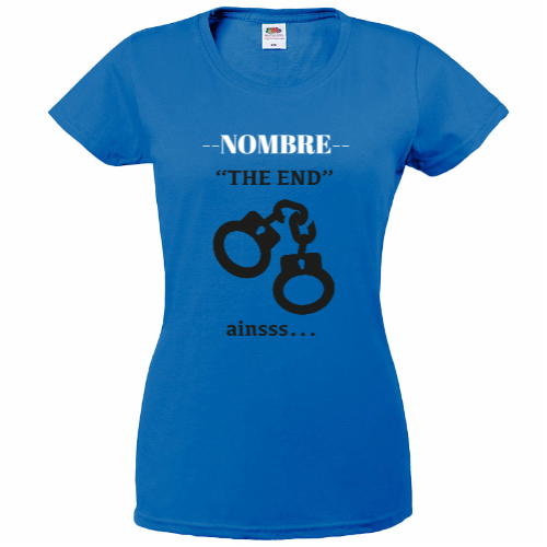 Camiseta para despedida con dibujo de esposas y la frase “The End”, personalizable con el nombre y colores a elegir.