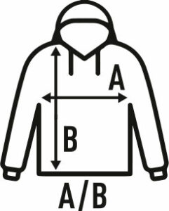 Diagrama de sudadera con medidas A (ancho de pecho) y B (largo total) indicadas con flechas