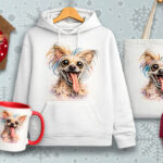 Banner con una mujer muy divertida señalando productos personalizados como sudaderas, tazas, bolsas y gorras con un diseño de perro y el mensaje “Tu diseño es raro. Y nos encanta”.