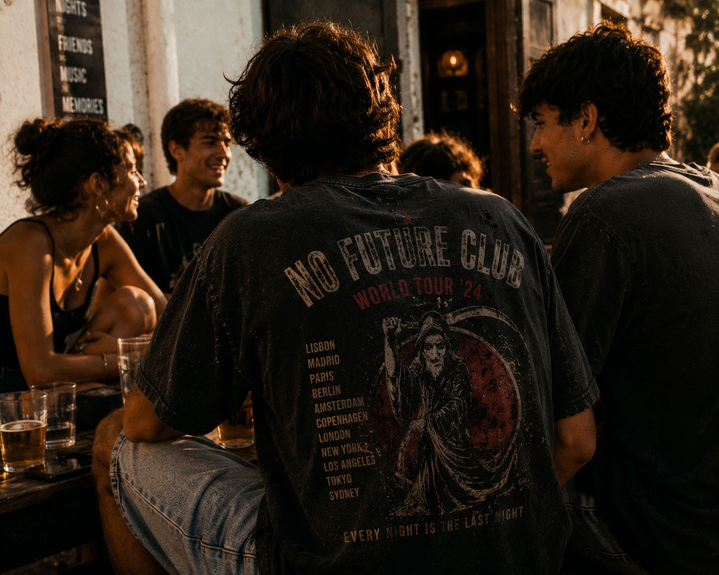 Amigos con camisetas personalizadas estilo grupo de música caminando por la ciudad