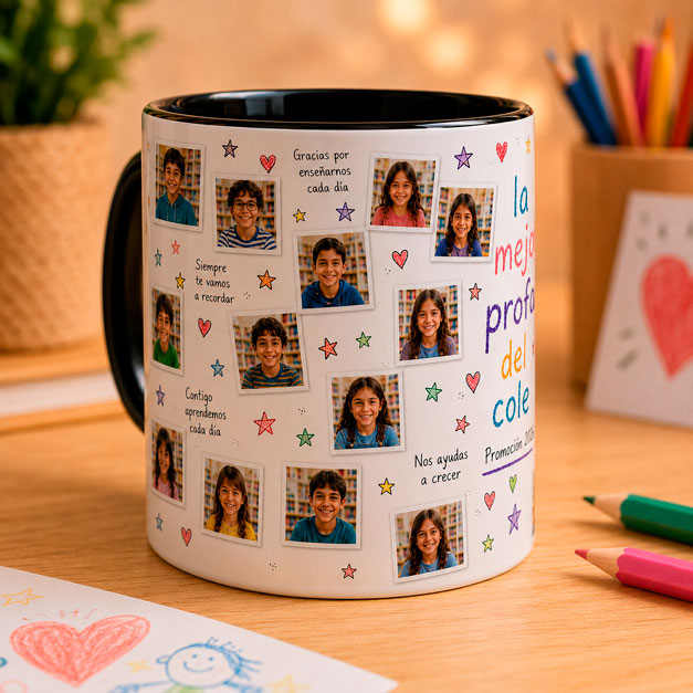 Taza personalizada para profesora con collage de fotos de alumnos de primaria, mensajes infantiles, corazones y estrellas, con el texto «la mejor profa del cole» y «Promoción 2026».