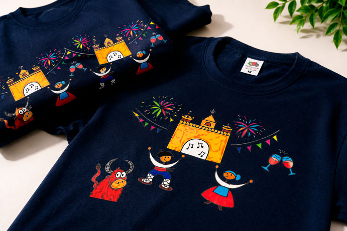 Camisetas personalizadas para fiestas de pueblo con ilustraciones festivas, fuegos artificiales y diseño colorido