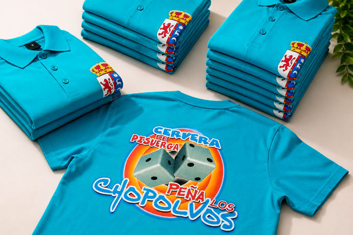 Camiseta personalizada de peña de fiestas de Cervera de Pisuerga con diseño colorido y polos bordados a juego