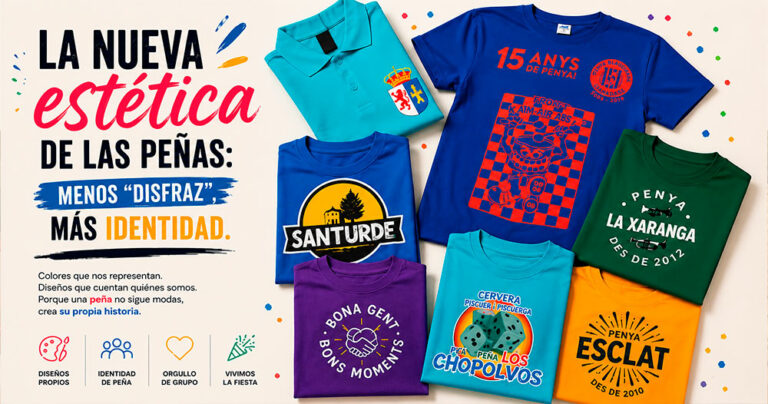 Portada con camisetas personalizadas de peñas y fiestas populares con diseños creativos y coloridos