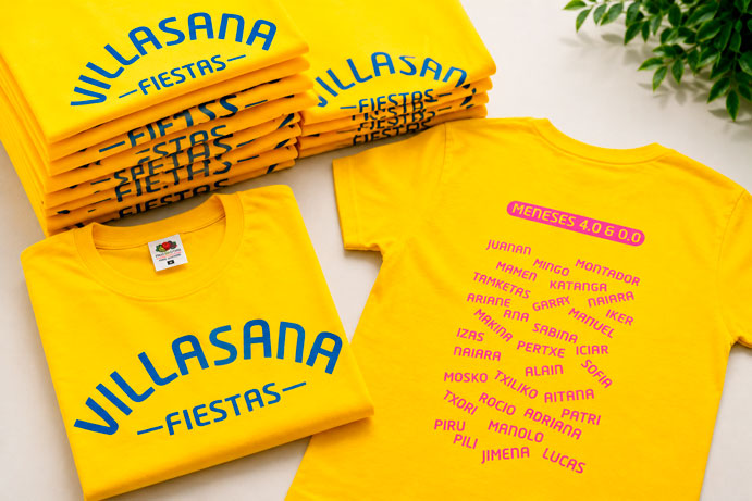 Camisetas personalizadas para peñas y fiestas de Villasana de Mena en color amarillo con diseño tipográfico moderno