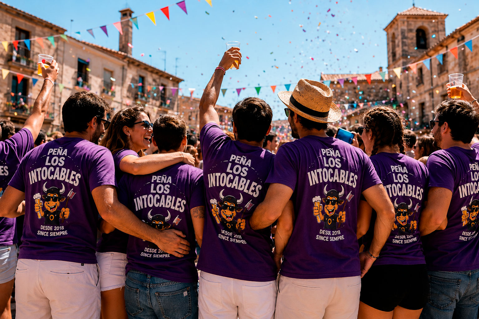 Camisetas personalizadas para peñas Grupo de amigos con camisetas personalizadas para peñas en fiestas de pueblo