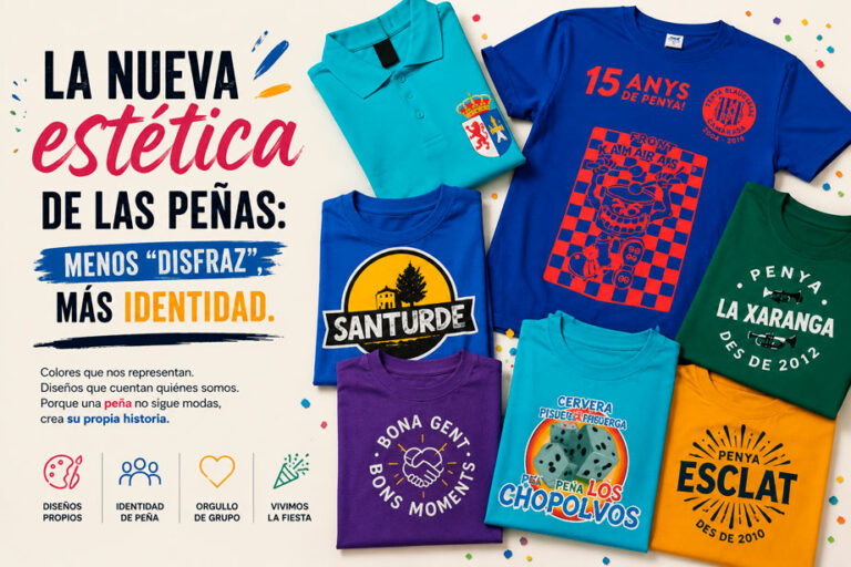 Cabecera editorial con camisetas personalizadas de peñas y fiestas populares con diseños creativos y coloridos