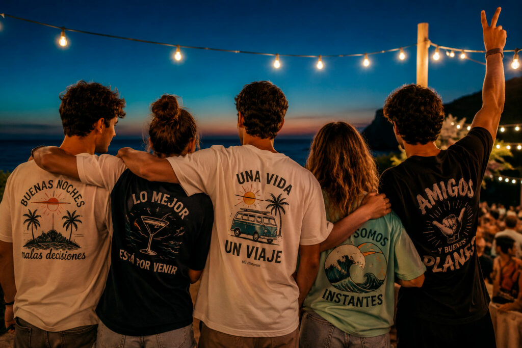 Grupo de amigos con camisetas personalizadas en una noche de verano junto al mar