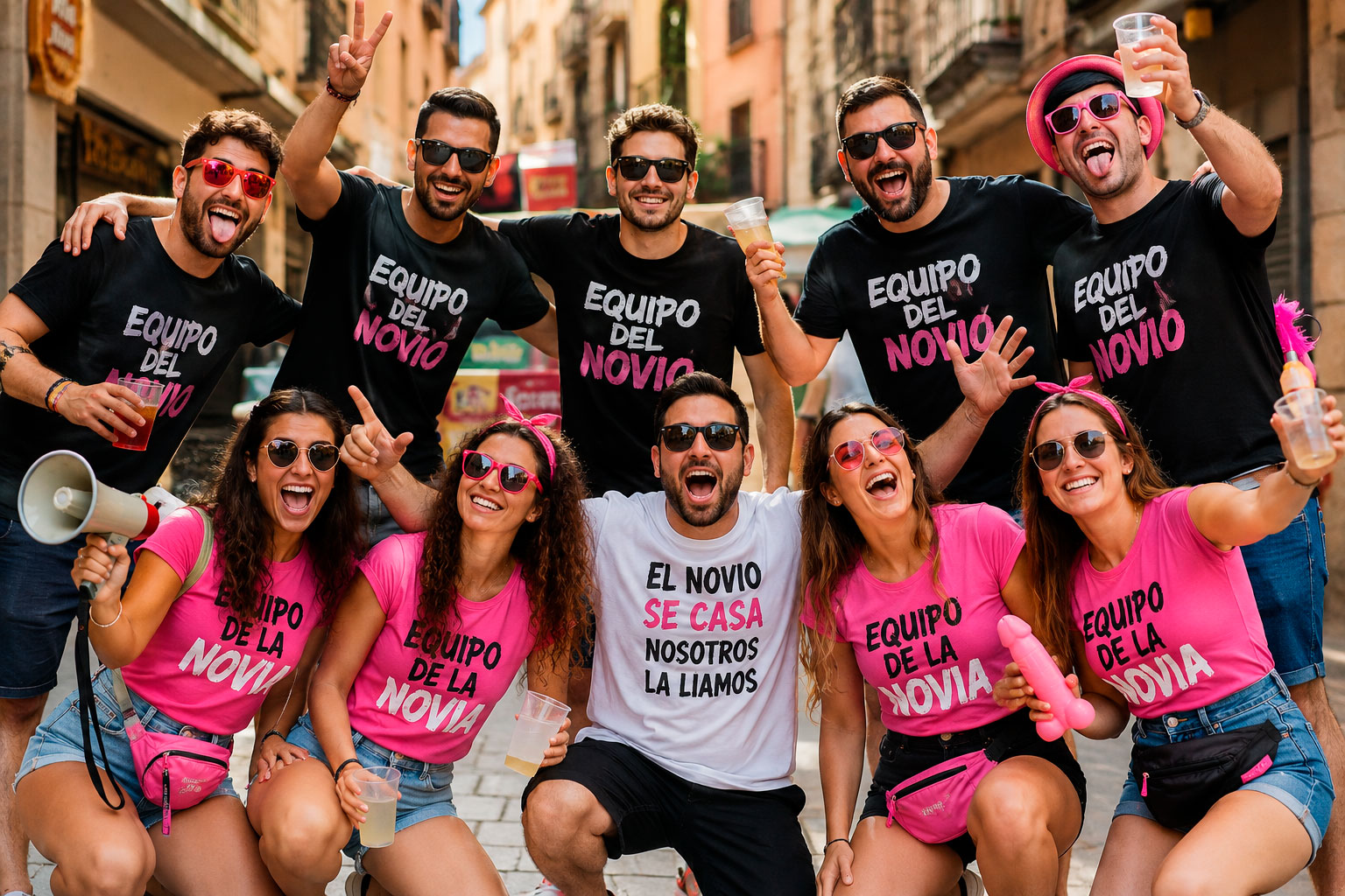 Grupo de amigos con camisetas personalizadas para despedida de soltero y soltera