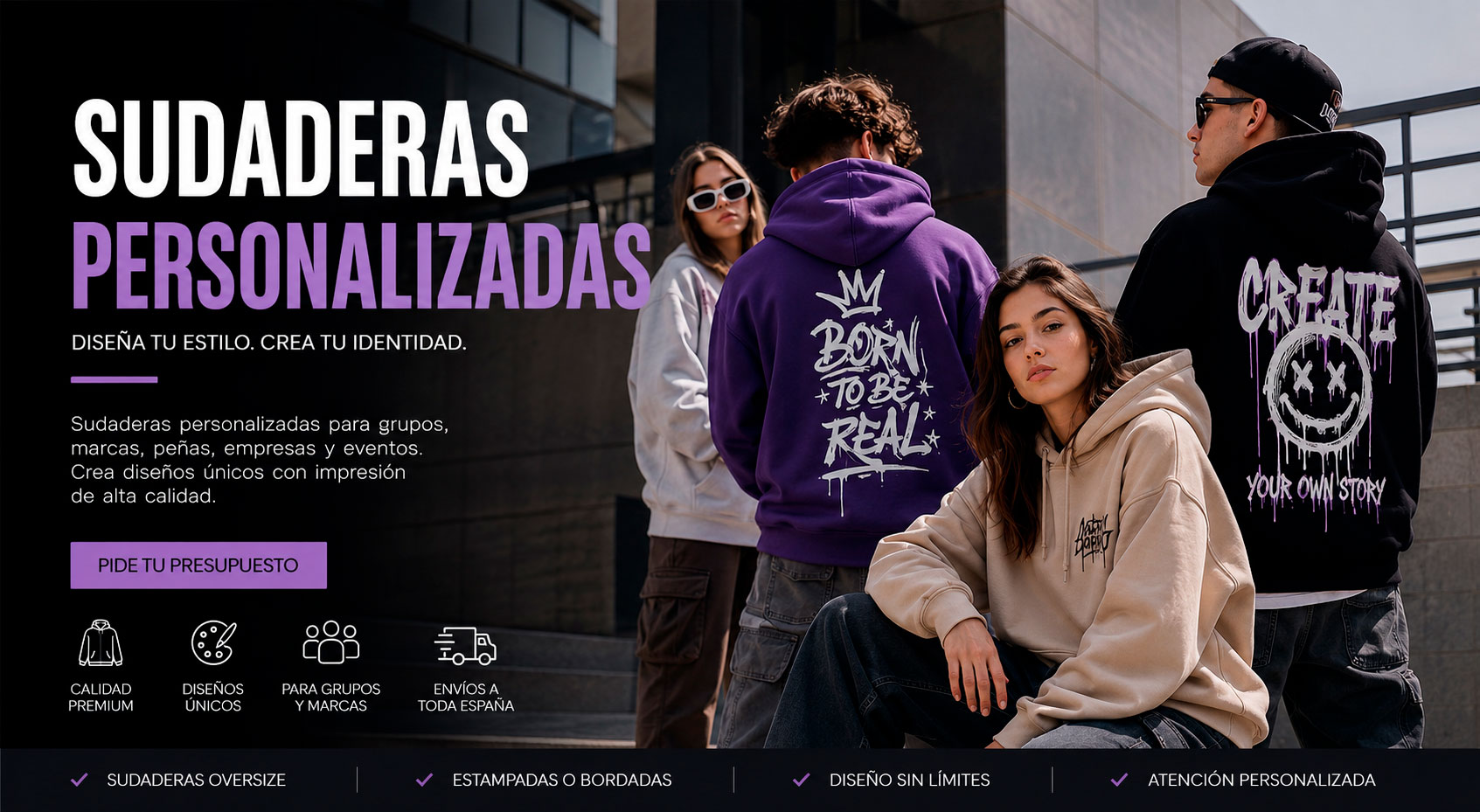 Grupo de jóvenes con sudaderas personalizadas de estilo streetwear