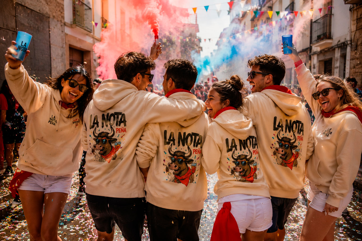 Grupo de amigos con sudaderas personalizadas para eventos y peñas