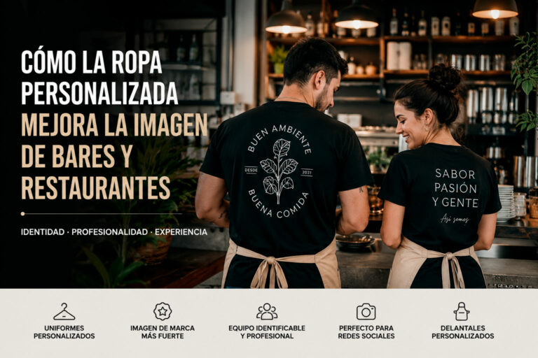 Trabajadores de un restaurante con camisetas y delantales personalizados en un local moderno de estilo urbano.