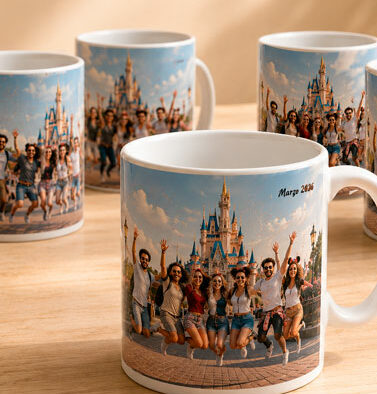 Conjunto de tazas personalizadas con una fotografía de un grupo de amigos frente al castillo de Disney y una fecha impresa en el diseño, presentadas sobre una mesa de madera.
