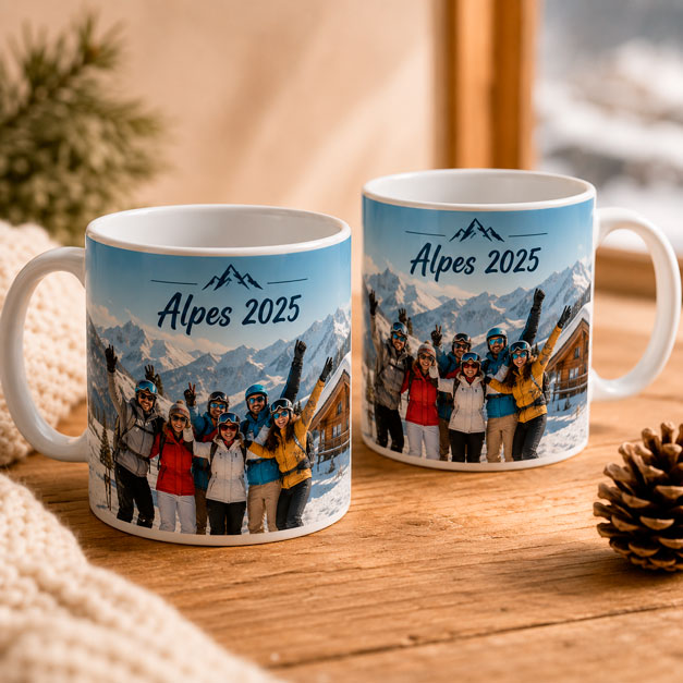 Dos tazas personalizadas blancas con fotografía de un grupo de amigos en la nieve y el texto «Alpes 2025», presentadas sobre una mesa de madera en un ambiente cálido de montaña.