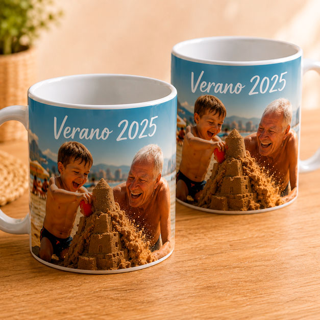 Dos tazas personalizadas con una fotografía de un abuelo y su nieto construyendo un castillo de arena en la playa, acompañada del texto «Verano 2025».