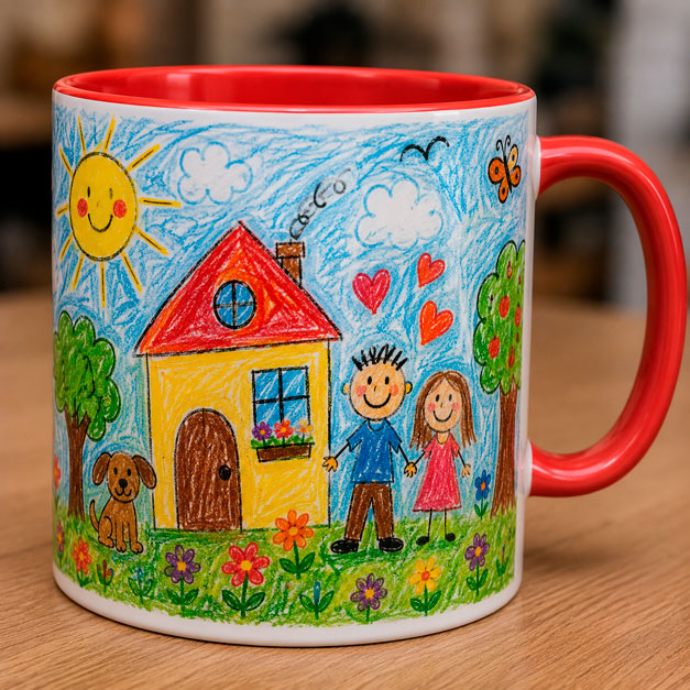 Taza blanca con asa e interior rojos personalizada con un dibujo infantil de una casa, un sol sonriente, flores, un perro y una familia, realizado con lápices de colores.