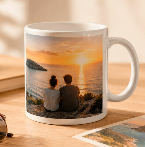 Taza personalizada blanca con fotografía de una pareja sentada frente al mar al atardecer, impresa a gran tamaño sobre la superficie de la taza y presentada sobre una mesa de madera con gafas de sol y una fotografía revelada.