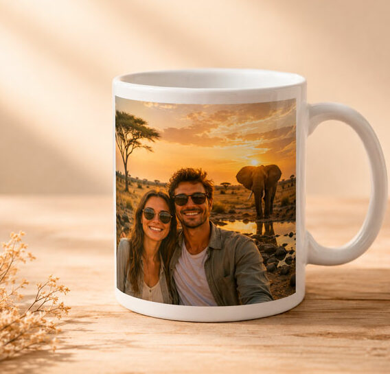Taza personalizada blanca con fotografía de una pareja sonriendo durante un safari al atardecer, con un elefante al fondo, impresa a gran tamaño sobre la superficie de la taza.