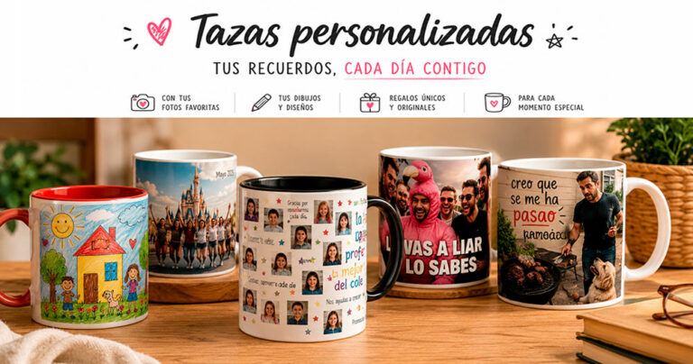 Cabecera horizontal con una selección de tazas personalizadas sobre una mesa de madera. La imagen muestra diferentes diseños con fotografías, dibujos infantiles y frases divertidas, junto al texto «Tazas personalizadas» y el lema «Tus recuerdos, cada día contigo».