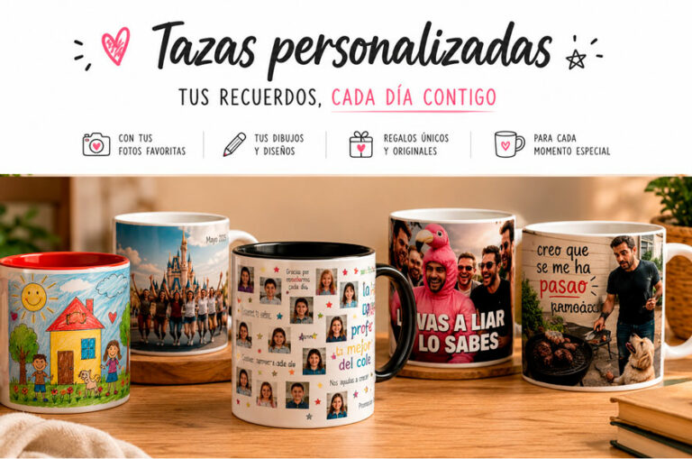 Cabecera horizontal con una selección de tazas personalizadas sobre una mesa de madera. La imagen muestra diferentes diseños con fotografías, dibujos infantiles y frases divertidas, junto al texto «Tazas personalizadas» y el lema «Tus recuerdos, cada día contigo».