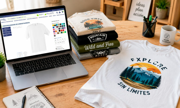 Portátil con un diseño de camiseta personalizado junto a varias camisetas impresas sobre una mesa de trabajo