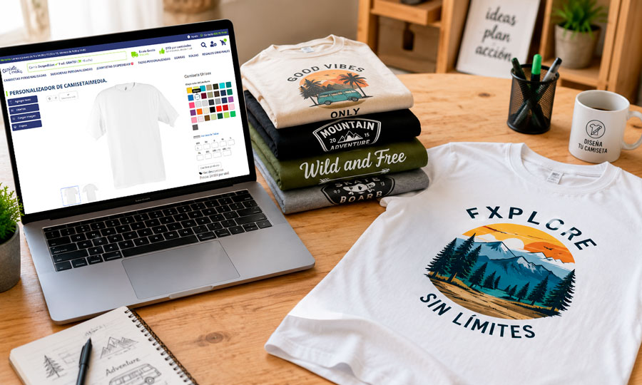 Portátil con un diseño de camiseta personalizado junto a varias camisetas impresas sobre una mesa de trabajo