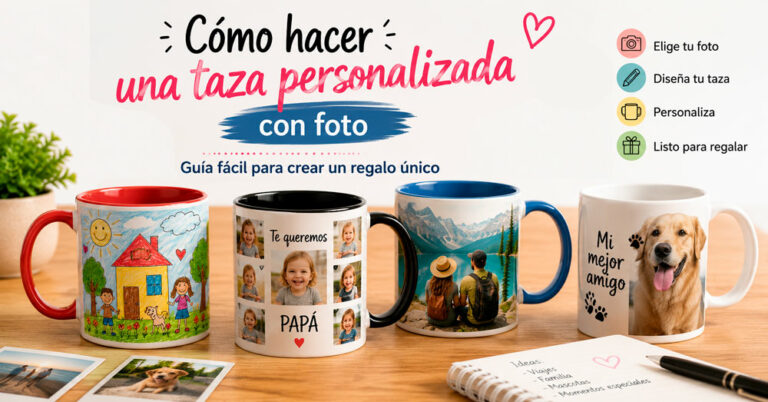 Imagen de portada sobre cómo hacer una taza personalizada con foto, mostrando varios ejemplos de tazas con fotografías, dibujos infantiles y recuerdos personalizados.