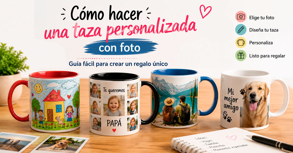 Imagen de portada sobre cómo hacer una taza personalizada con foto, mostrando varios ejemplos de tazas con fotografías, dibujos infantiles y recuerdos personalizados.