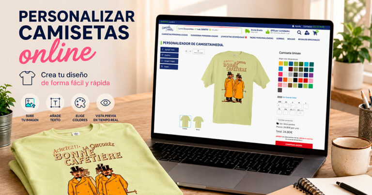 Persona diseñando una camiseta personalizada online desde un portátil utilizando el personalizador de Camisetaimedia