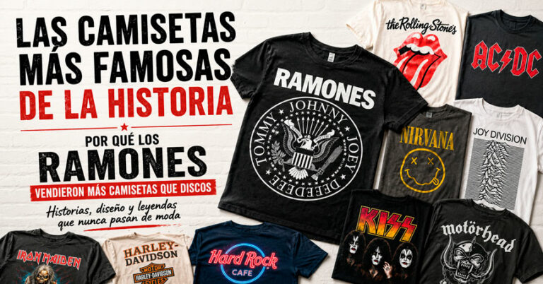 Collage con algunas de las camisetas de rock más famosas de la historia, incluyendo Ramones, Rolling Stones, AC/DC, Nirvana, Kiss, Iron Maiden, Motörhead y Hard Rock Café.
