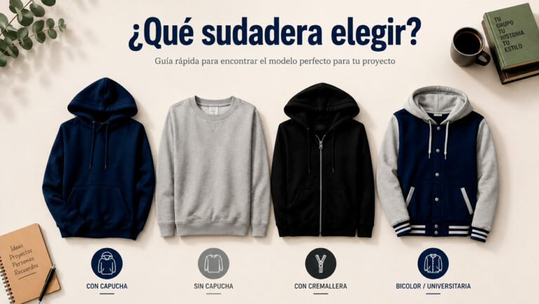 Comparativa de sudaderas personalizadas con capucha, sin capucha, con cremallera y estilo universitario.