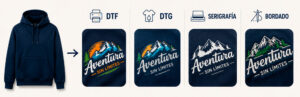 Comparativa de las principales técnicas para personalizar una sudadera: DTF, DTG, serigrafía y bordado.