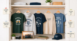 Armario con camisetas y sudaderas personalizadas que recuerdan una despedida, la universidad, un festival, el primer trabajo y una media maratón.