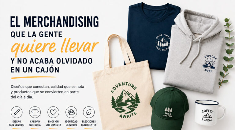 Merchandising personalizado con camiseta, sudadera, bolsa, gorra y taza diseñado para que las personas quieran utilizarlo en su día a día.