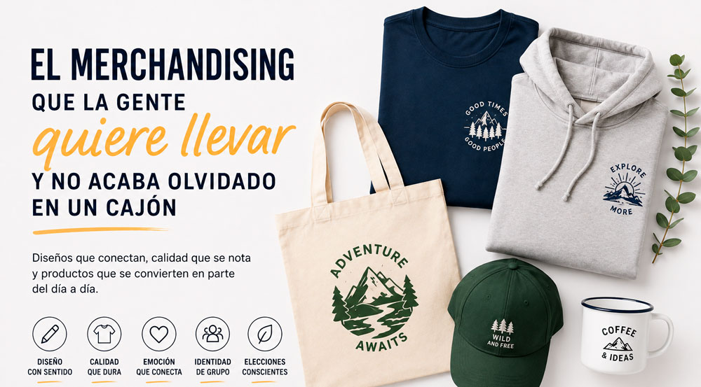 Merchandising personalizado con camiseta, sudadera, bolsa, gorra y taza diseñado para que las personas quieran utilizarlo en su día a día.