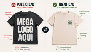 Comparativa entre una camiseta con un logotipo publicitario de gran tamaño y otra con un diseño discreto que representa un merchandising atractivo y fácil de llevar.