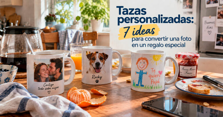 Tazas personalizadas con fotos, mascota y dibujo infantil sobre una mesa de desayuno