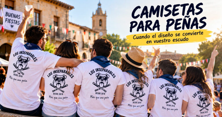 Grupo de amigos con camisetas para peñas personalizadas durante las fiestas