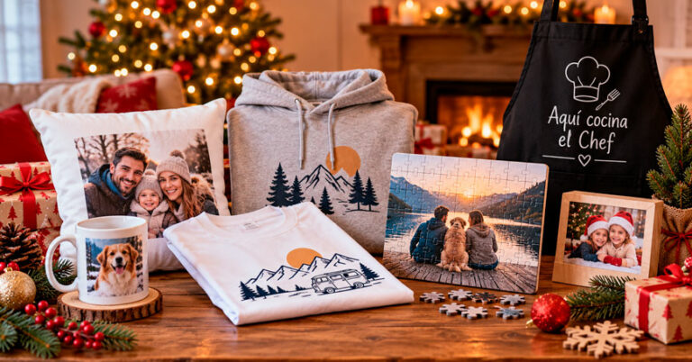 egalos personalizados para Navidad con taza, sudadera, camiseta, cojín, puzzle y delantal