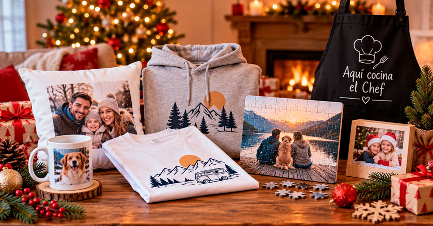 egalos personalizados para Navidad con taza, sudadera, camiseta, cojín, puzzle y delantal